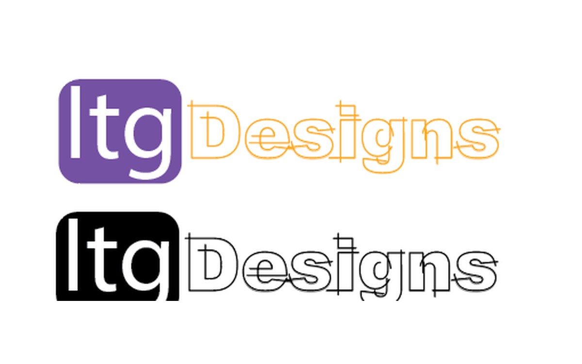 Three colour variations of the LTG Designs wordmark: purple, black, and grey lockups