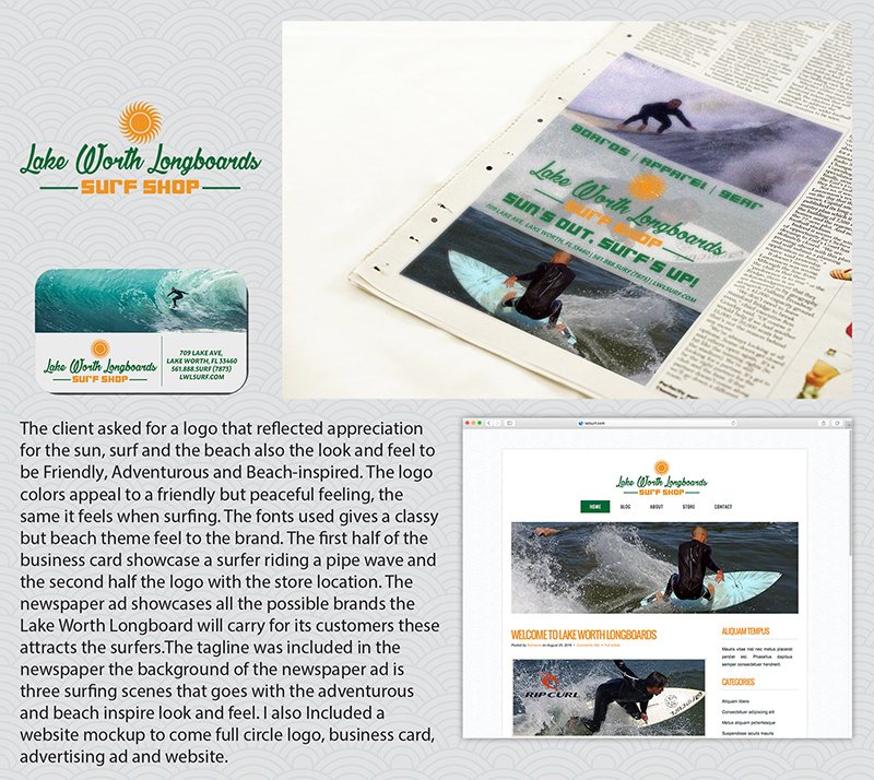 Lake Worth Longboards Surf Shop identity board showing the logo, a business card, a newspaper advertisement, and a website mockup