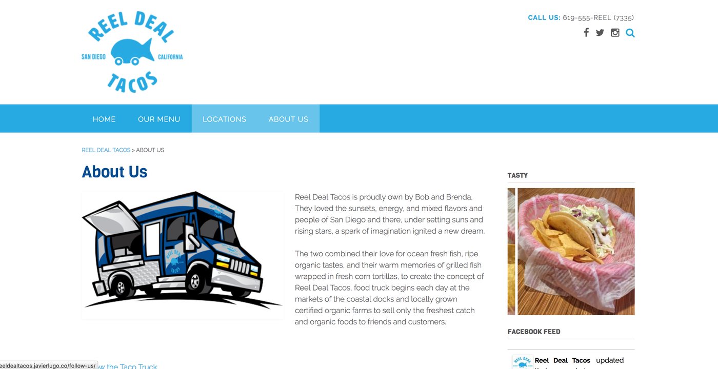 Homepage of the Reel Deal Tacos demo site