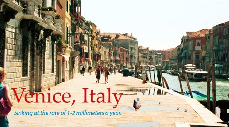 Venice canal scene with a red “Venice, Italy” headline and the caption “Sinking at the rate of 1–2 millimeters a year”